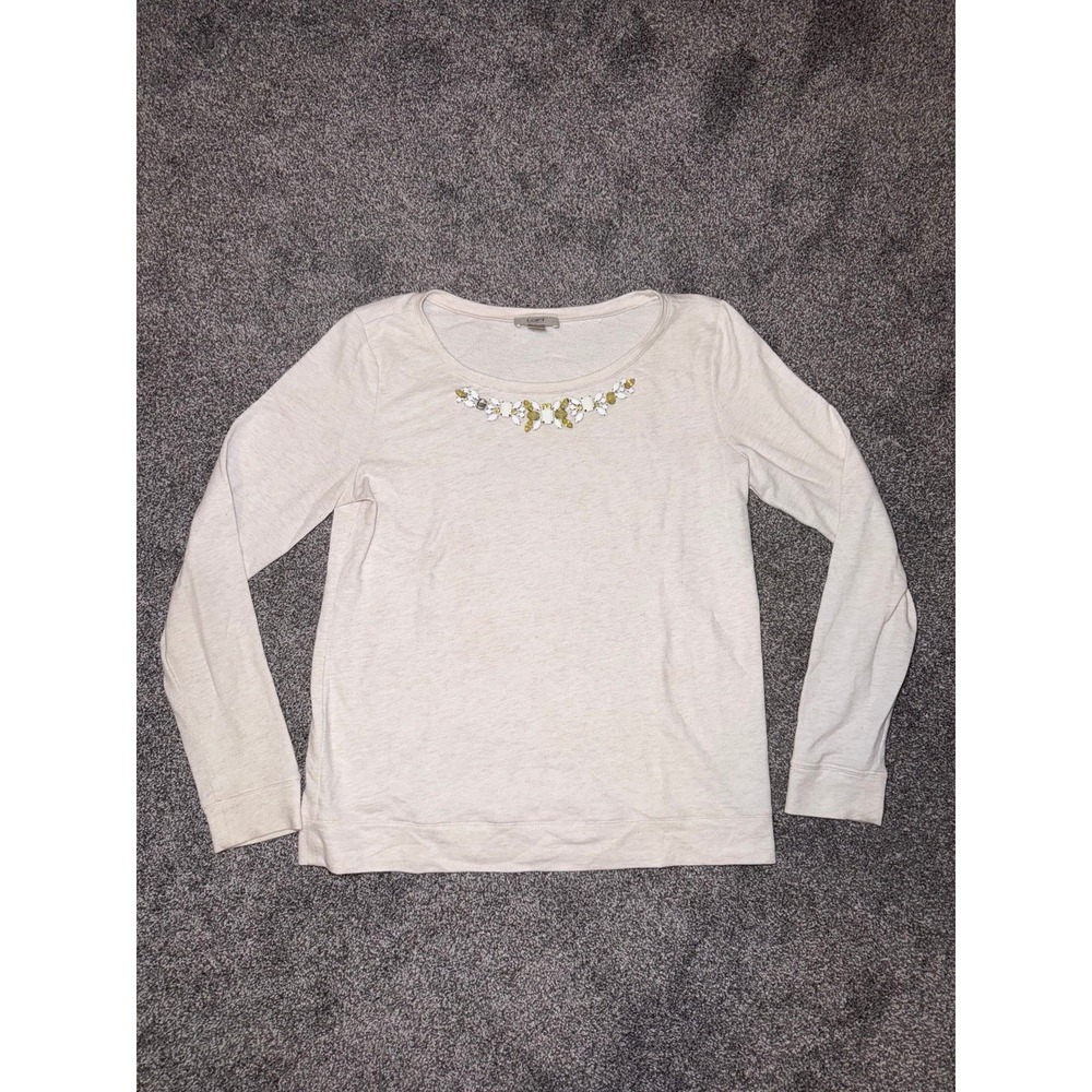 Loft Women's Ivory Long Sleeve Sweater w/ Decorative Bedazzled Neckline - Medium
